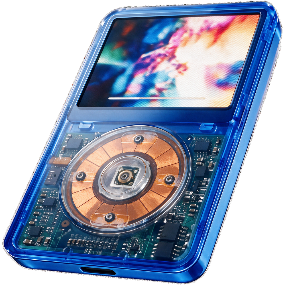 Voltage &mdash; screen lit, playing music, translucent electric blue iPod Classic.